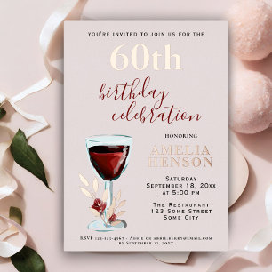 Invitación Con Relieve Metalizado Copa de Vino Tinto Rústica Rosa Botánica Cumpleaño