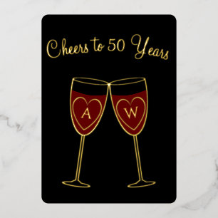 Invitación Con Relieve Metalizado Copas de vino con monograma del 50º aniversario Ch