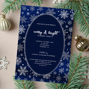 Invitación Con Relieve Metalizado Copia de Elegantes Copos de Nieve sobre Azul Noche