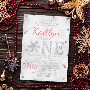 Invitación Con Relieve Metalizado Copo de Nieve Cumpleaños de Invierno 1 año Real