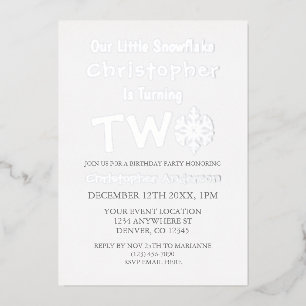 Invitación Con Relieve Metalizado Copo de Nieve Pequeño cumpleaños 2