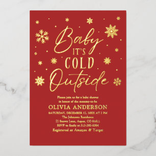 Invitación Con Relieve Metalizado Copo de Nieve Rojo Bebé Hace Frío Afuera Shower de