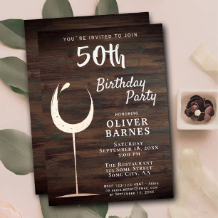 Invitación Con Relieve Metalizado Copo de vino dorado rosa rústico madera cumpleaños