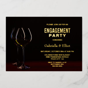 Invitación Con Relieve Metalizado Copo de Vino Moderno Fiesta de Compromiso Texto Do