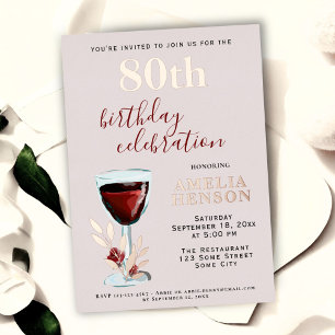 Invitación Con Relieve Metalizado Copo de Vino Tinto Rústico Rosa Botánica Cumpleaño