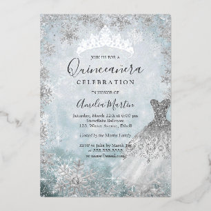 Invitación Con Relieve Metalizado Copos de Invierno Plateado Azul Quinceañera Hojala