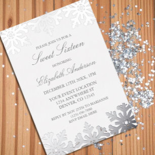Invitación Con Relieve Metalizado Copos de Nieve de Plata Cumpleañera Dulces 16