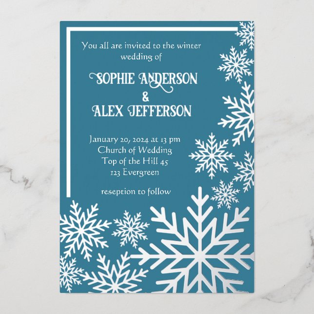 Invitación Con Relieve Metalizado Copos de nieve de Relieve metalizado de boda de in (Anverso)