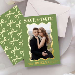 Invitación Con Relieve Metalizado Coquette Bow Retro Boda Foto Guardar La Fecha