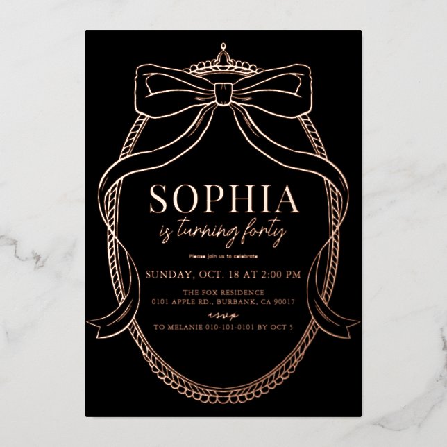 Invitación Con Relieve Metalizado Coquette Gold Bow Ribbon Adulto Negro Cumpleaños (Anverso)