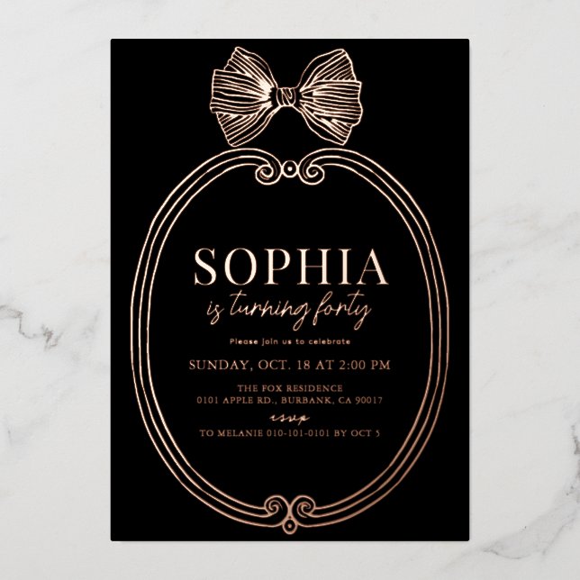 Invitación Con Relieve Metalizado Coquette Gold Bow/Ribbon Black Birday (Anverso)