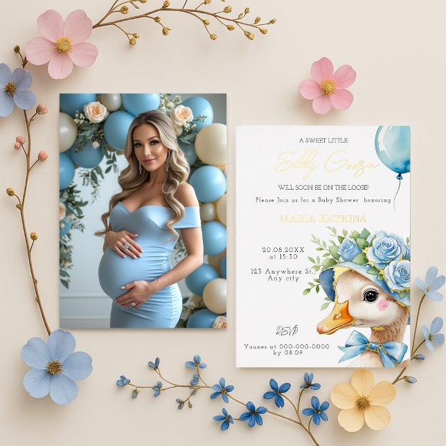 Invitación Con Relieve Metalizado Coquette Silly Goose Blue Bow Boy Baby Shower (Subido por el creador)