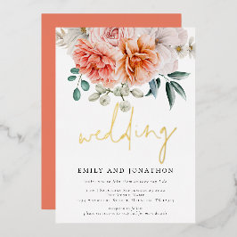 Invitación Con Relieve Metalizado Coral Peach Peonies Florals Script Boda