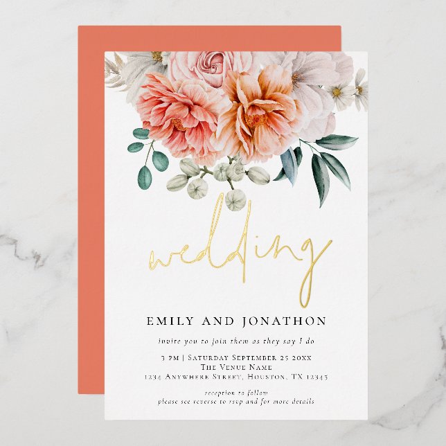 Invitación Con Relieve Metalizado Coral Peach Peonies Florals Script Boda (Anverso/Reverso)