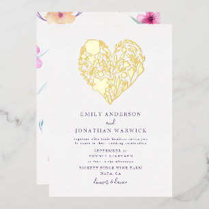 Invitación Con Relieve Metalizado Corazón Botánico de Flor Prensada de Oro Boda