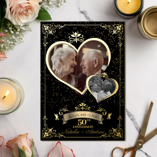 Invitación Con Relieve Metalizado Corazón de amor de aniversario de oro Entonces y a