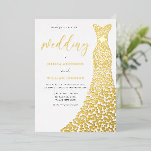 Invitación Con Relieve Metalizado Corazón de amor dorado impresionante vestido de pa