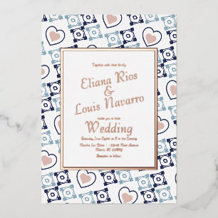 Invitación Con Relieve Metalizado Corazón de Baldosa Mexicana Talavera Azul Boda Pre