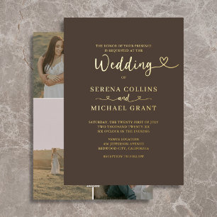 Invitación Con Relieve Metalizado Corazón de guión clásico 4 Foto Bodas de terracota