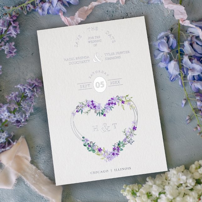 Invitación Con Relieve Metalizado Corazón de lavanda floral y botánica de lujo (Subido por el creador)