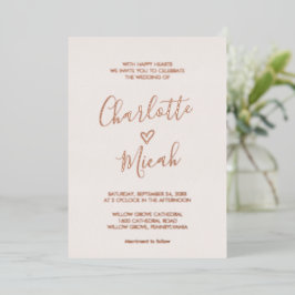 Invitación Con Relieve Metalizado Corazón Dibujado a Mano Rosa Dorado Hoja de Texto