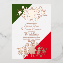 Invitación Con Relieve Metalizado Corazón Floral Folk Mexicano Rojo Prensado para Bo