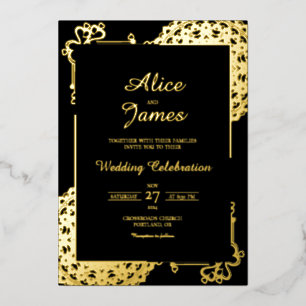 Invitación Con Relieve Metalizado Corazón Mandala Marco Negro Hoja de Oro Boda India