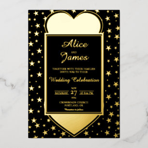Invitación Con Relieve Metalizado Corazón Marco de Estrella Elegante Boda de Oro Neg
