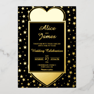 Invitación Con Relieve Metalizado Corazón Marco de Estrella Elegante Boda de Oro Neg