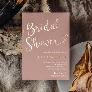 Invitación Con Relieve Metalizado Corazón mínimo Boho Script Terracotta Bridal Showe