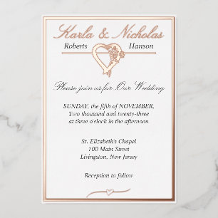 Invitación Con Relieve Metalizado Corazón y Rosas, Boda blanco elegante,