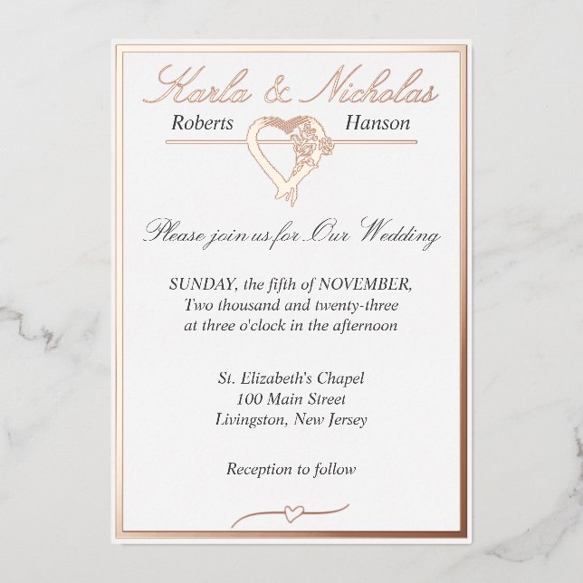 Invitación Con Relieve Metalizado Corazón y Rosas, Boda blanco elegante, (Anverso)