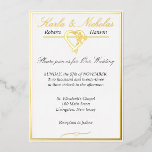 Invitación Con Relieve Metalizado Corazón y Rosas, Boda blanco elegante, oro