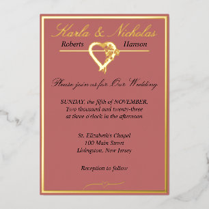 Invitación Con Relieve Metalizado Corazón y Rosas, Rosa Canela Boda