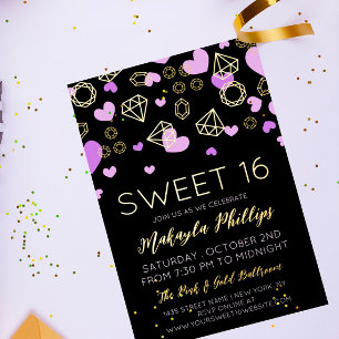 Invitación Con Relieve Metalizado Corazones Morados y Gemas Doradas Sweet 16