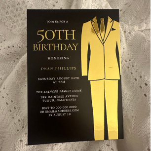 Invitación Con Relieve Metalizado Corbata Traje Dorado Negro Hombres Cumpleaños 50 F