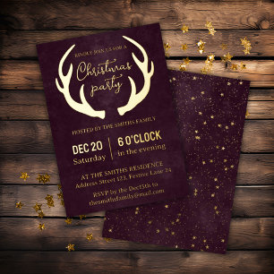 Invitación Con Relieve Metalizado Cornamenta de Reno Burgundy Moderna Fiesta de Navi