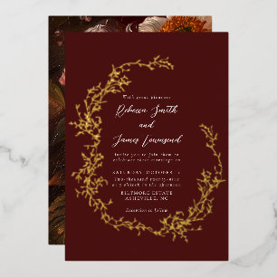Invitación Con Relieve Metalizado Corona Botánica Pintura de Arte Fino Boda Roja