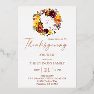 Invitación Con Relieve Metalizado Corona de Acción de Gracias floral naranja y amari