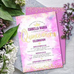 Invitación Con Relieve Metalizado Corona de agua de color rosa Quinceañera dorada re