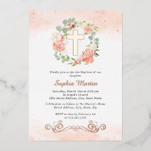 Invitación Con Relieve Metalizado Corona de bautizo de niña de oro brillante floral 