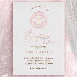 Invitación Con Relieve Metalizado corona de bautizo rosa
