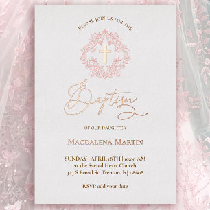 Invitación Con Relieve Metalizado corona de bautizo rosa