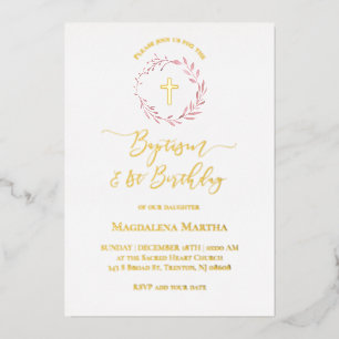 Invitación Con Relieve Metalizado corona de bautizo y primer cumpleaños de color ros