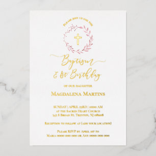 Invitación Con Relieve Metalizado corona de bautizo y primer cumpleaños de color ros