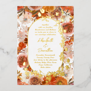 Invitación Con Relieve Metalizado Corona de boda de abundancia floral con marco de o