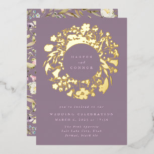 Invitación Con Relieve Metalizado Corona de boda de flores silvestres boho de primav
