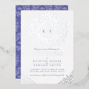 Invitación Con Relieve Metalizado Corona de boda de hojas de azul blanco plata