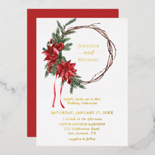 Invitación Con Relieve Metalizado Corona de boda de poinsettia roja con follaje de p