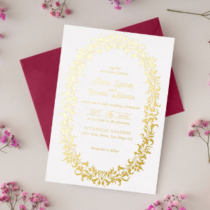 Invitación Con Relieve Metalizado Corona de Boda Floral Romántica Elegante Moderna